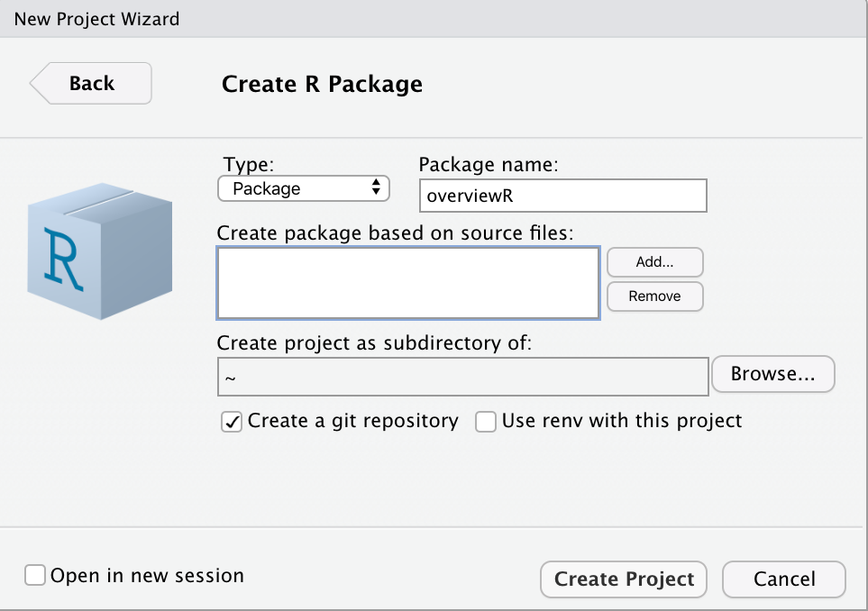 Popup window that shows up when opening a new package development process in RStudio