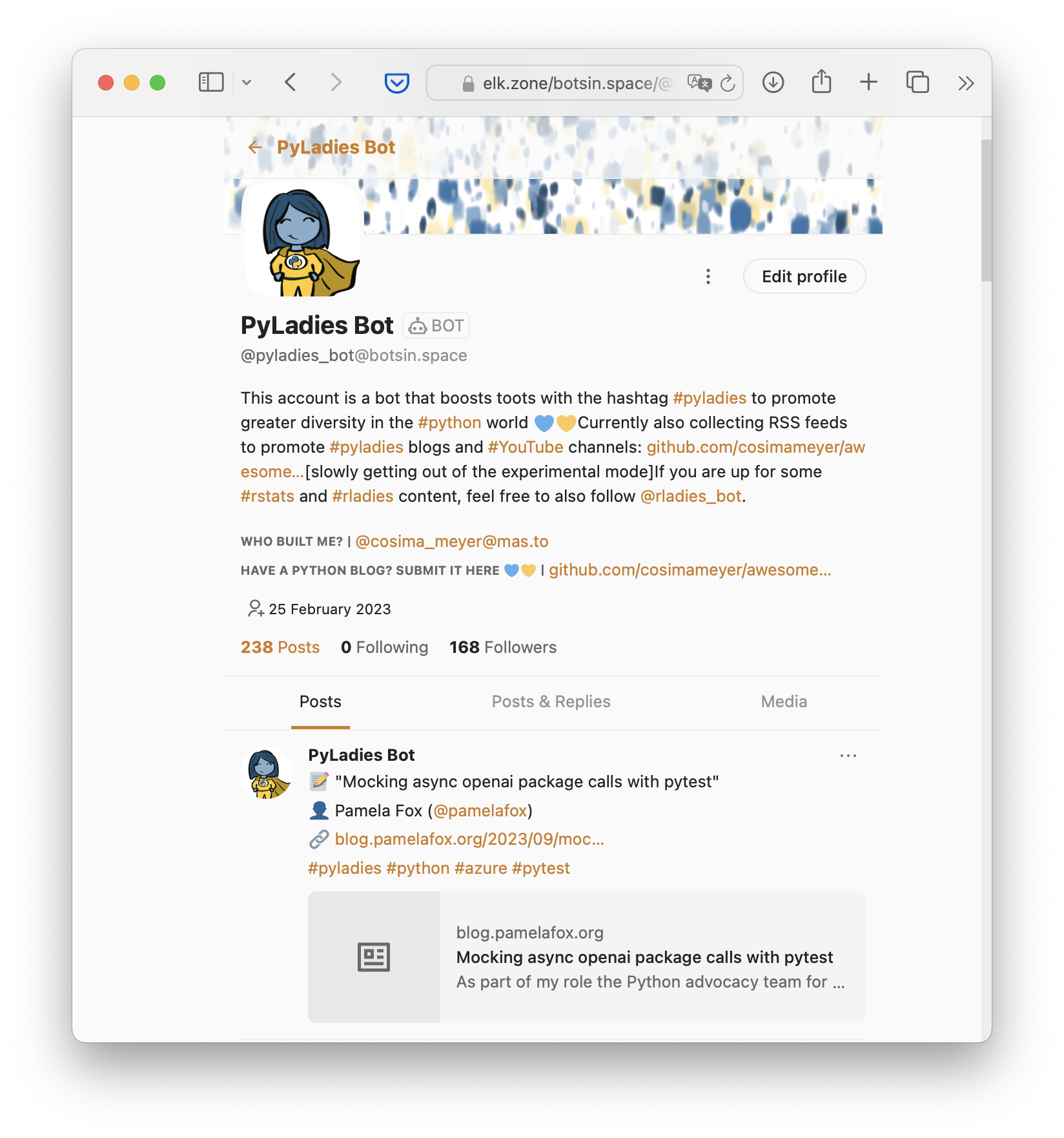 Screenshot of the Mastodon page showing the PyLadies bot (a Mastodon bot that posts based on CRON (scheduled) jobs both blog posts as well as other Mastodon toots that tag the bot