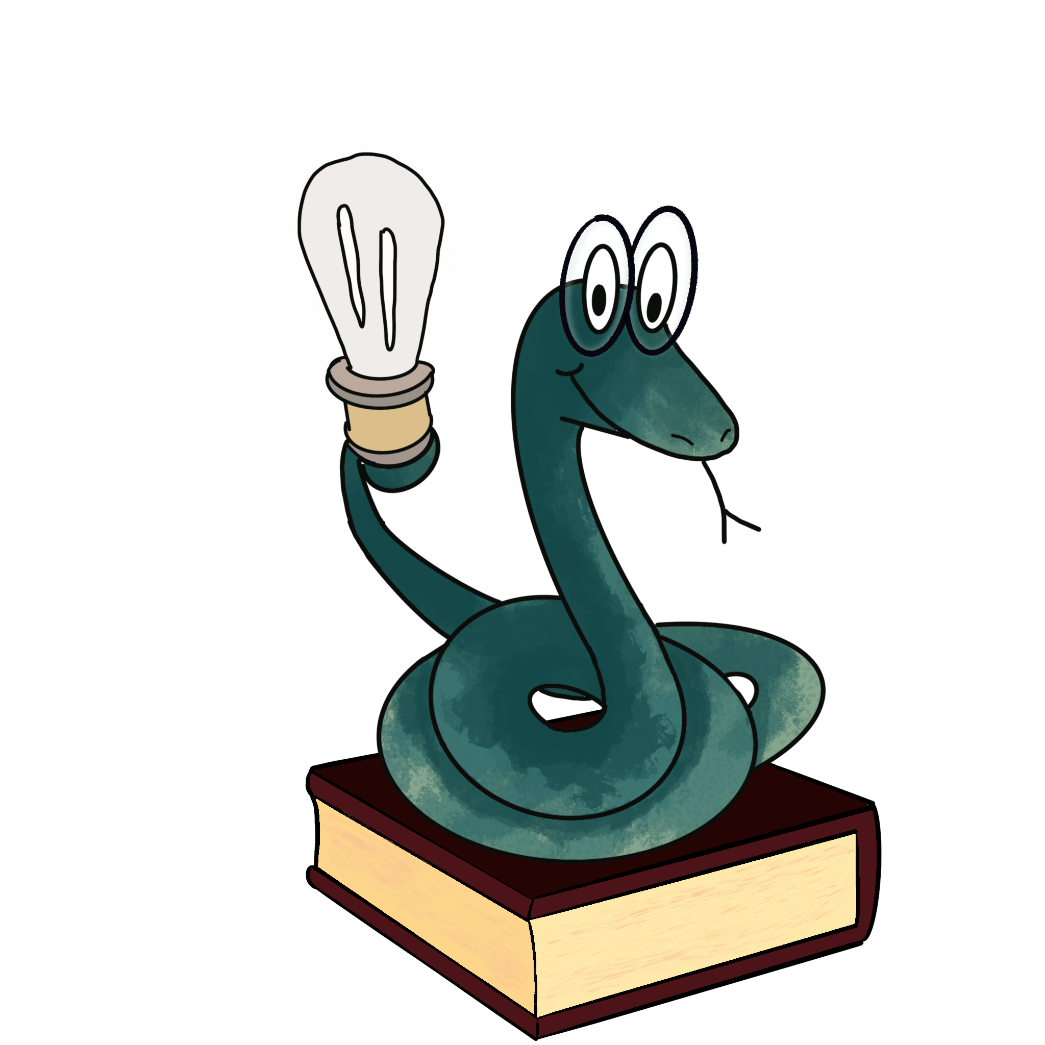 A snake with glasses sitting on a book.
